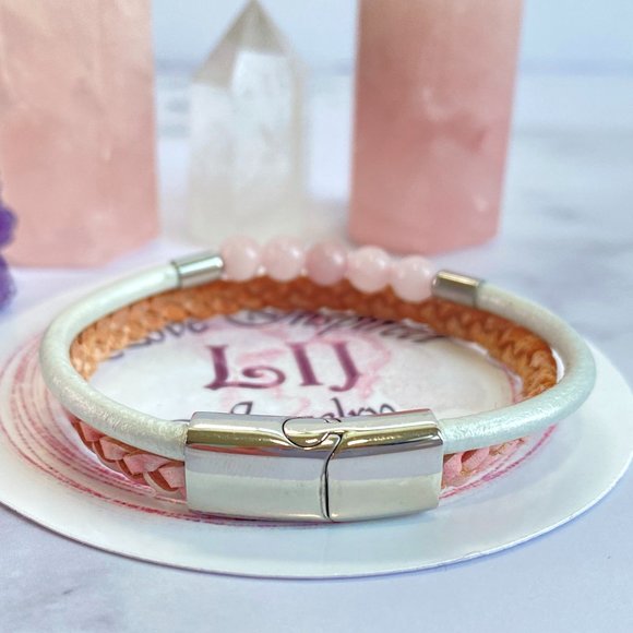 Natural Rose Quartz Beaded Bolo Braided Leather Mother and Daughter Bracelet - Picture 3 of 10